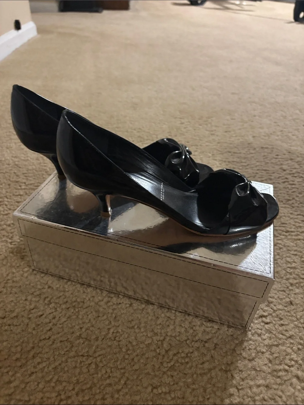 Sigerson Morrison Black Patent Bow Peep Toe Heels
